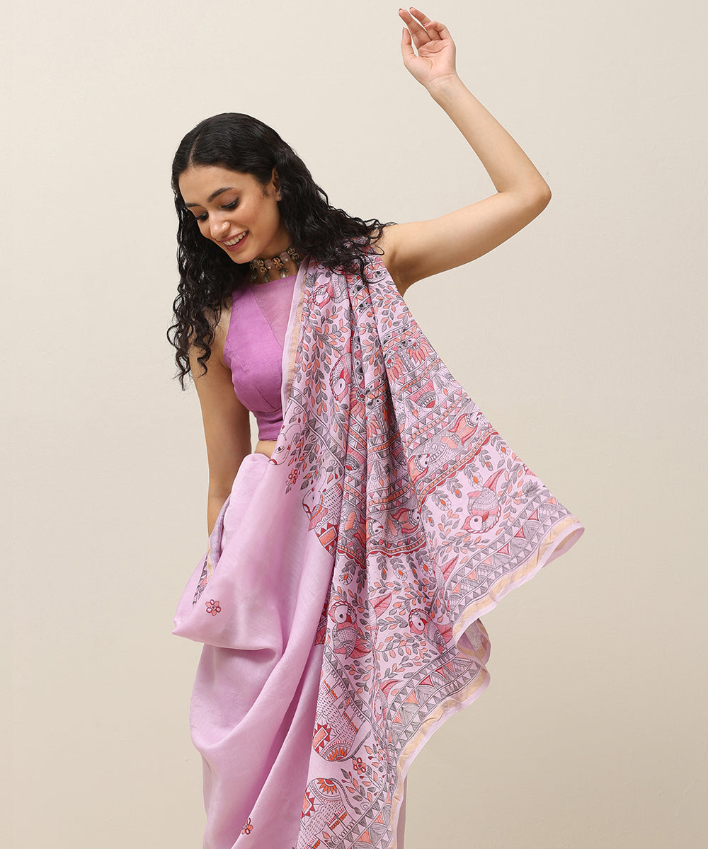 Lavender_Handloom_Chanderi_Handpainted_Madhubani_Saree_With_Elephant_Motifs_WeaverStory_02