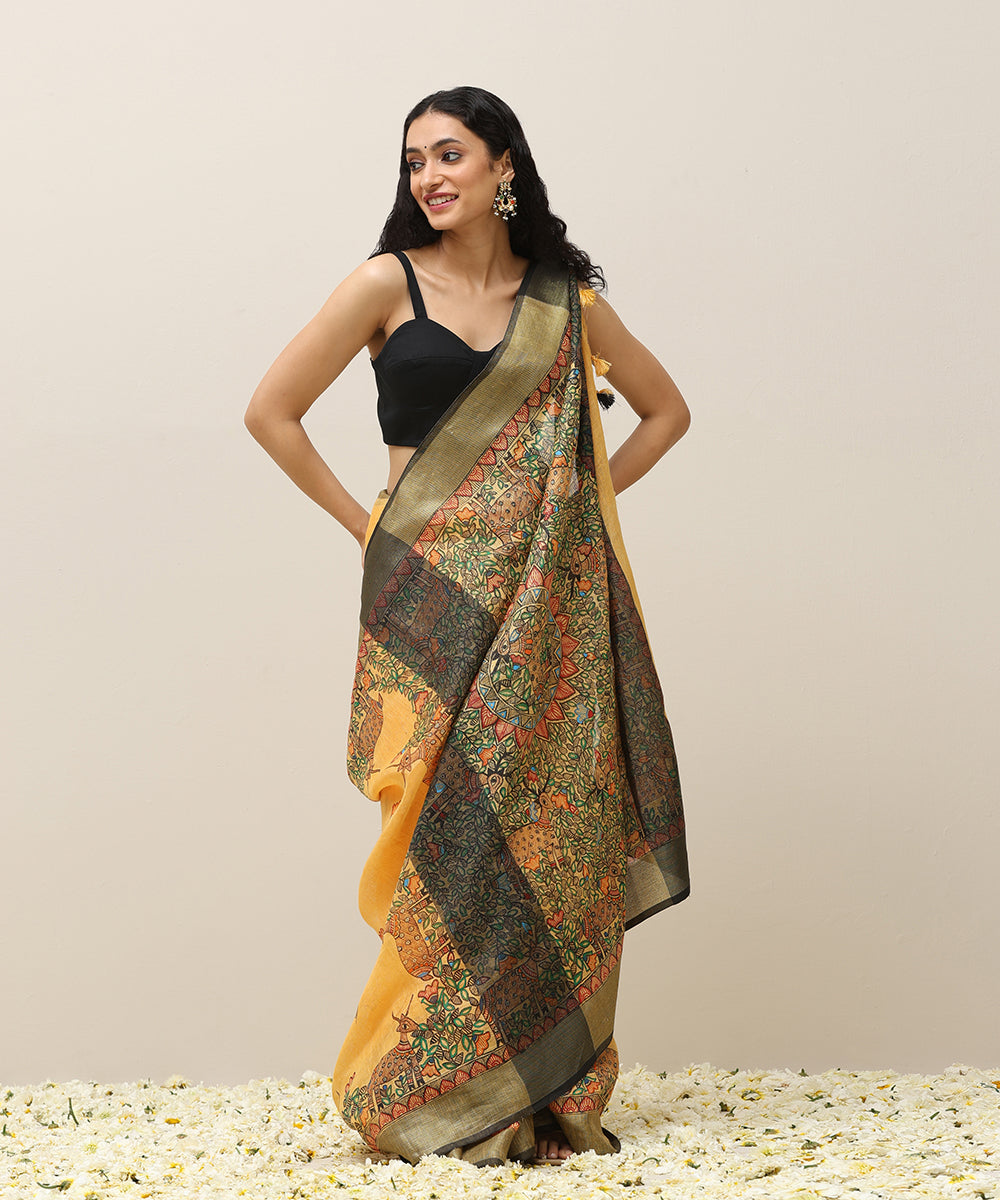 Handloom_Mustard_Chanderi_Handpainted_Madhubani_Saree_With_Hiran_Motifs_WeaverStory_01