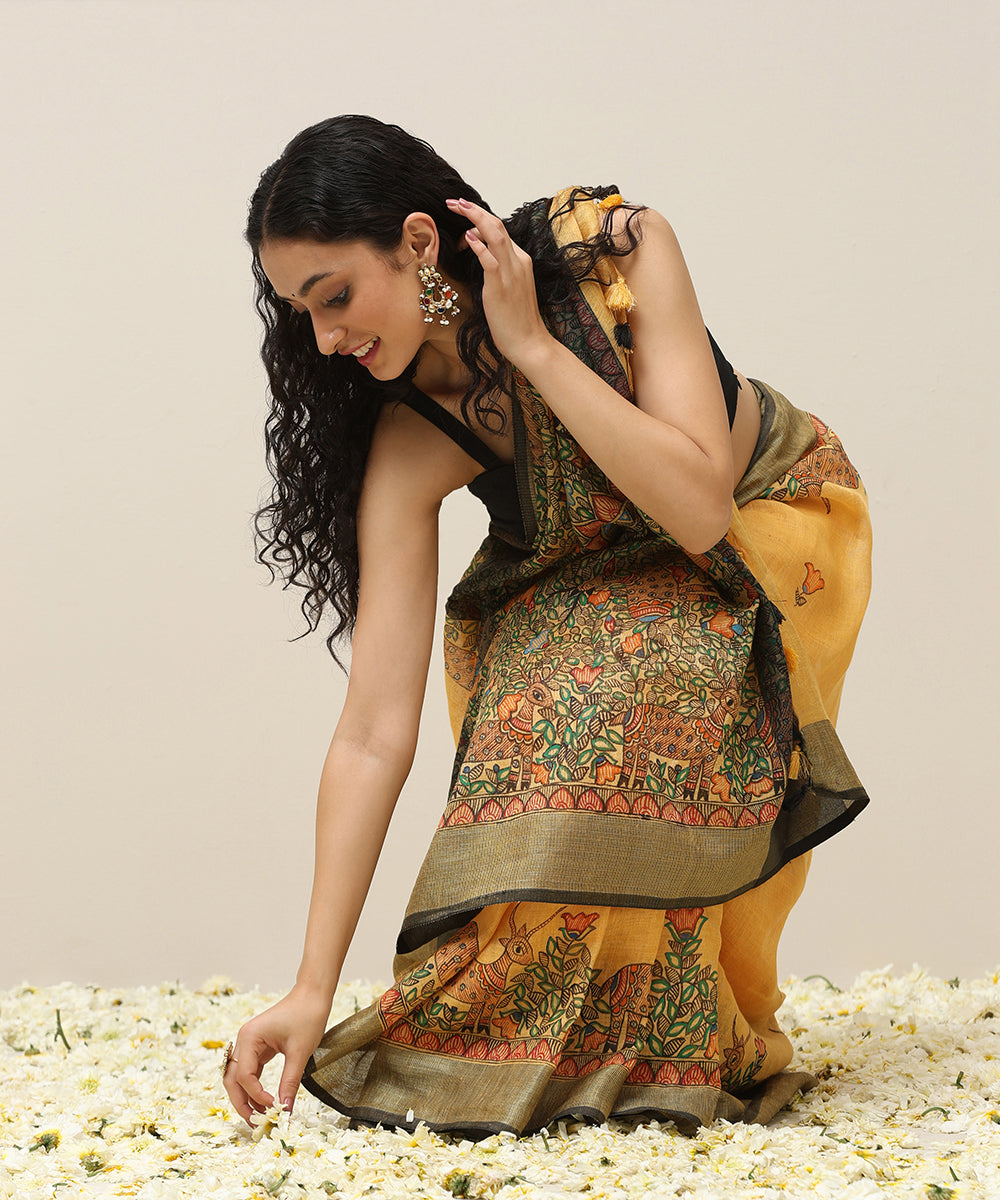 Handloom_Mustard_Chanderi_Handpainted_Madhubani_Saree_With_Hiran_Motifs_WeaverStory_02