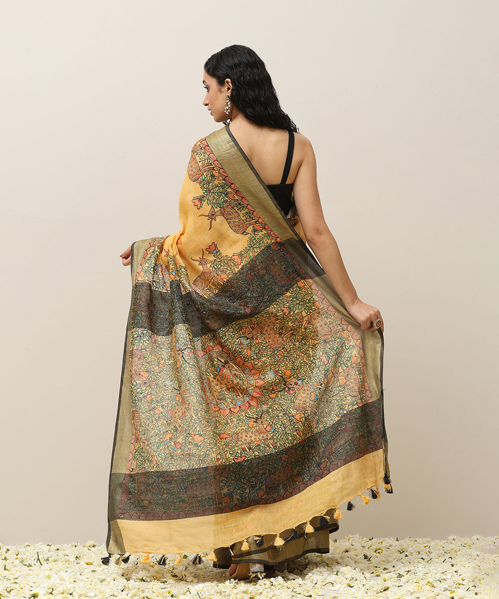 Handloom_Mustard_Chanderi_Handpainted_Madhubani_Saree_With_Hiran_Motifs_WeaverStory_03
