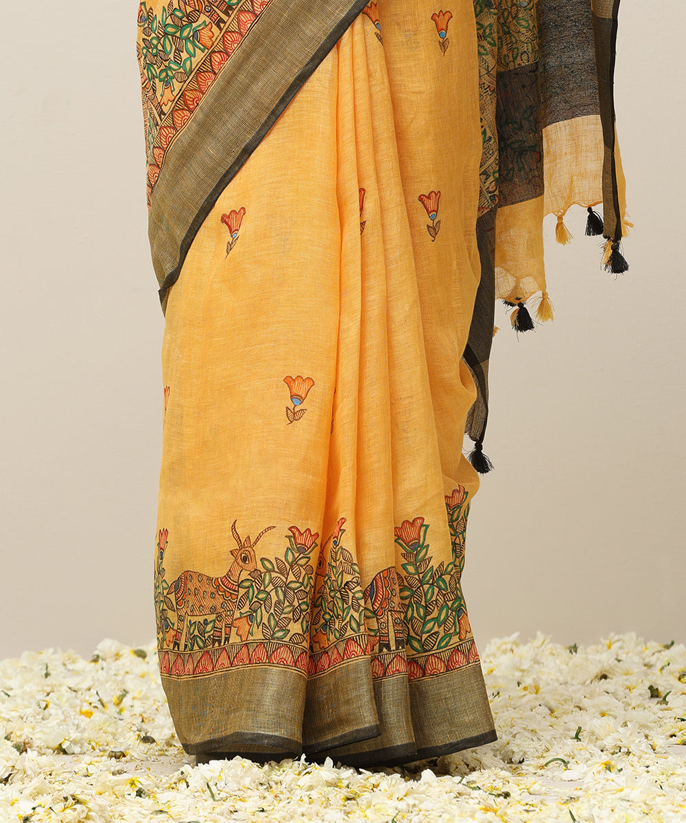 Handloom_Mustard_Chanderi_Handpainted_Madhubani_Saree_With_Hiran_Motifs_WeaverStory_04