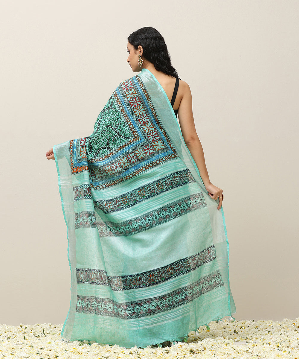 Sea_Green_Handloom_Linen_Handpainted_Madhubani_Saree_With_Border_WeaverStory_03