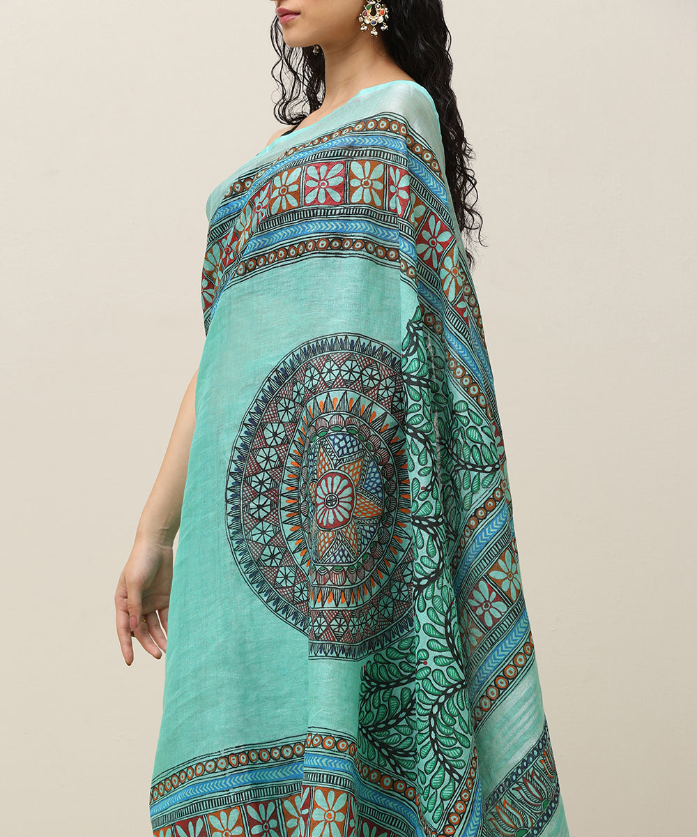 Sea_Green_Handloom_Linen_Handpainted_Madhubani_Saree_With_Border_WeaverStory_04