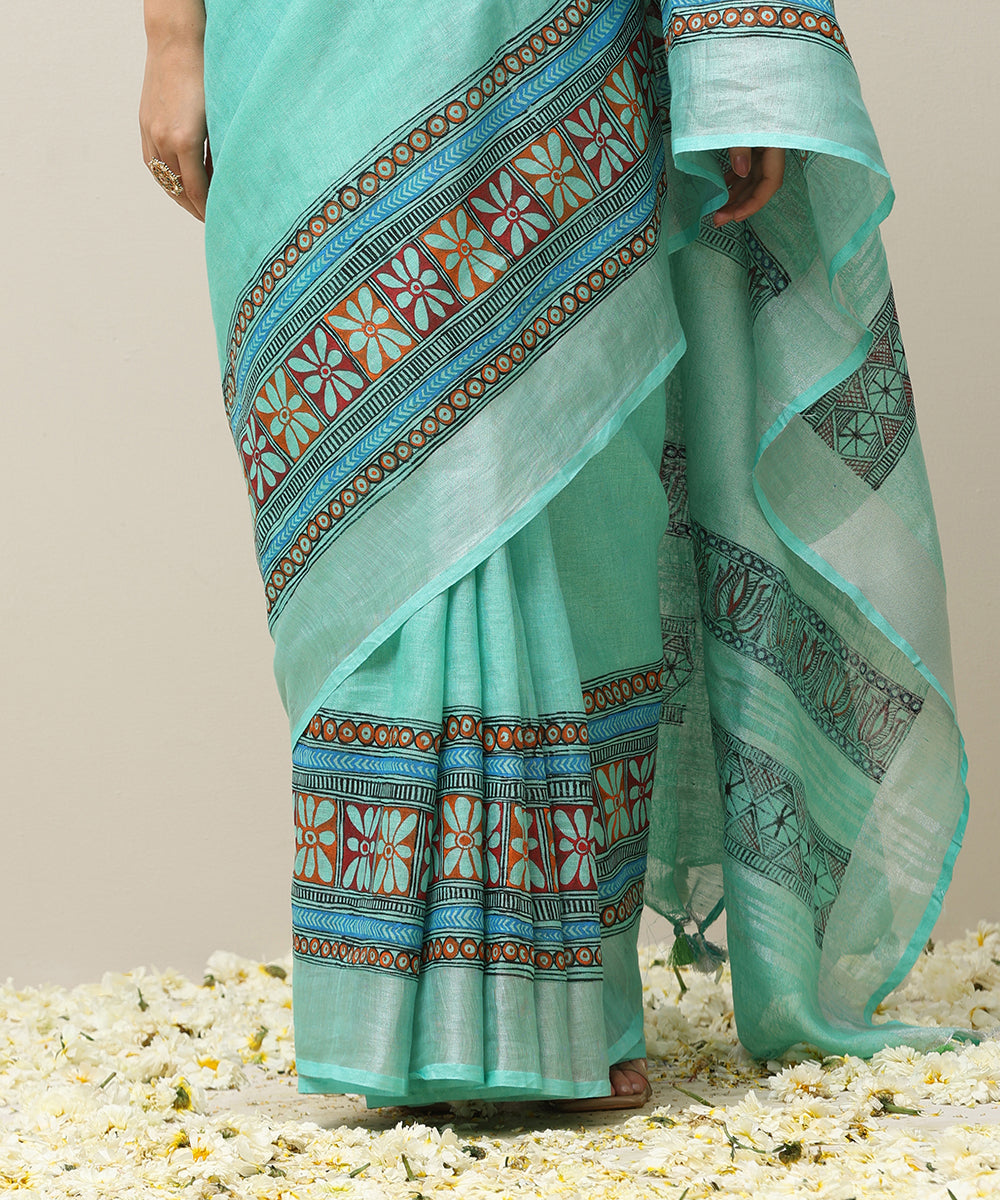 Sea_Green_Handloom_Linen_Handpainted_Madhubani_Saree_With_Border_WeaverStory_05