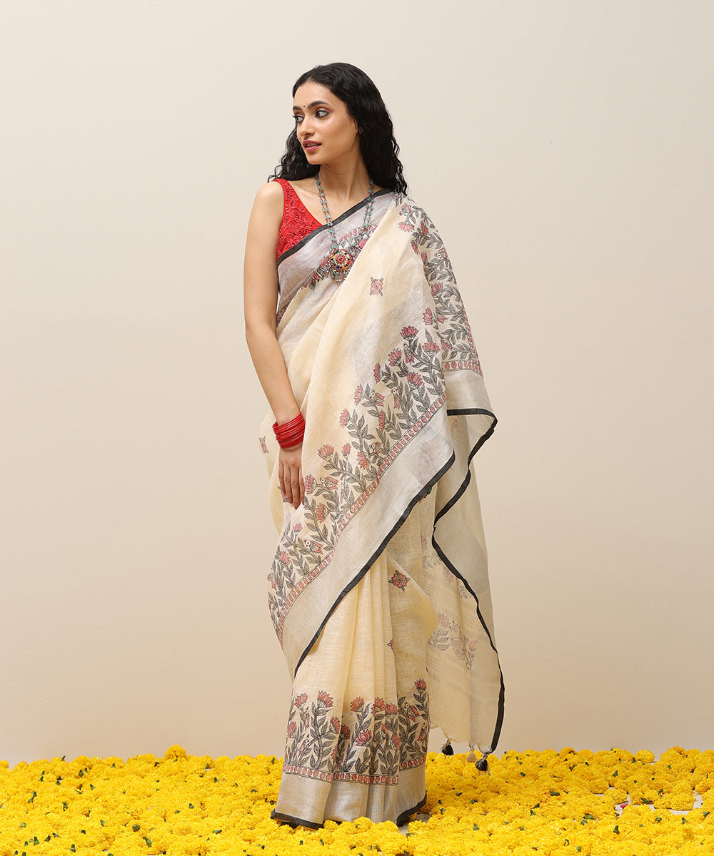 Handloom_Beige_Linen_Handpainted_Madhubani_Saree_With_Peacock_Motifs_WeaverStory_01