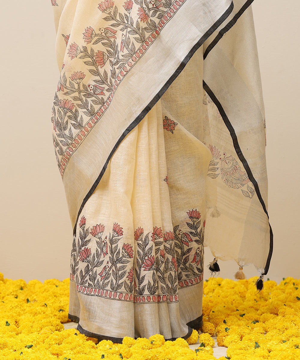Handloom_Beige_Linen_Handpainted_Madhubani_Saree_With_Peacock_Motifs_WeaverStory_04