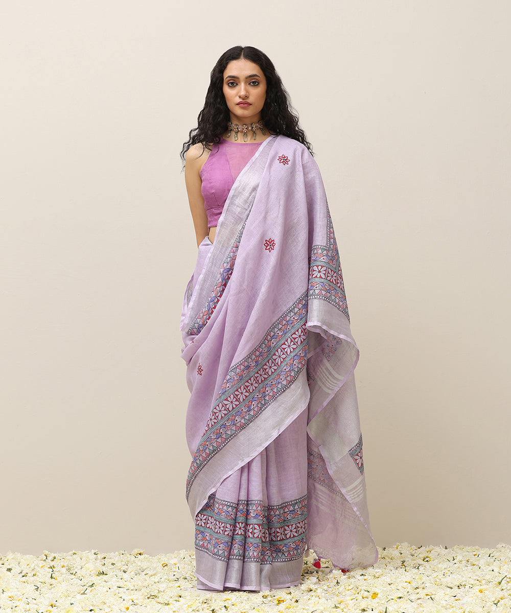 Handloom_Lavendar_Linen_Handpainted_Madhubani_Saree_With_Pink_Border_WeaverStory_01