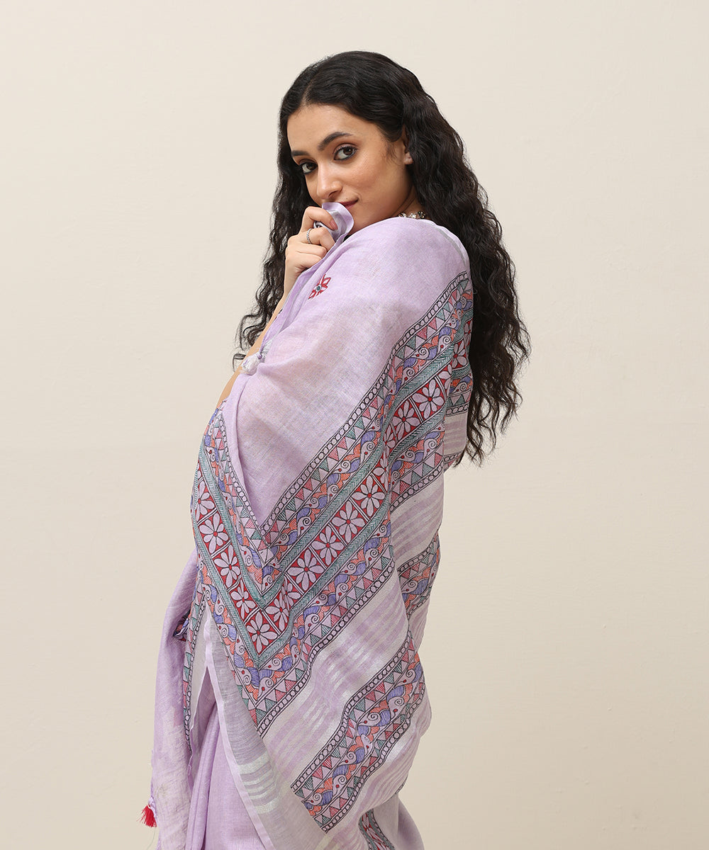 Handloom_Lavendar_Linen_Handpainted_Madhubani_Saree_With_Pink_Border_WeaverStory_02