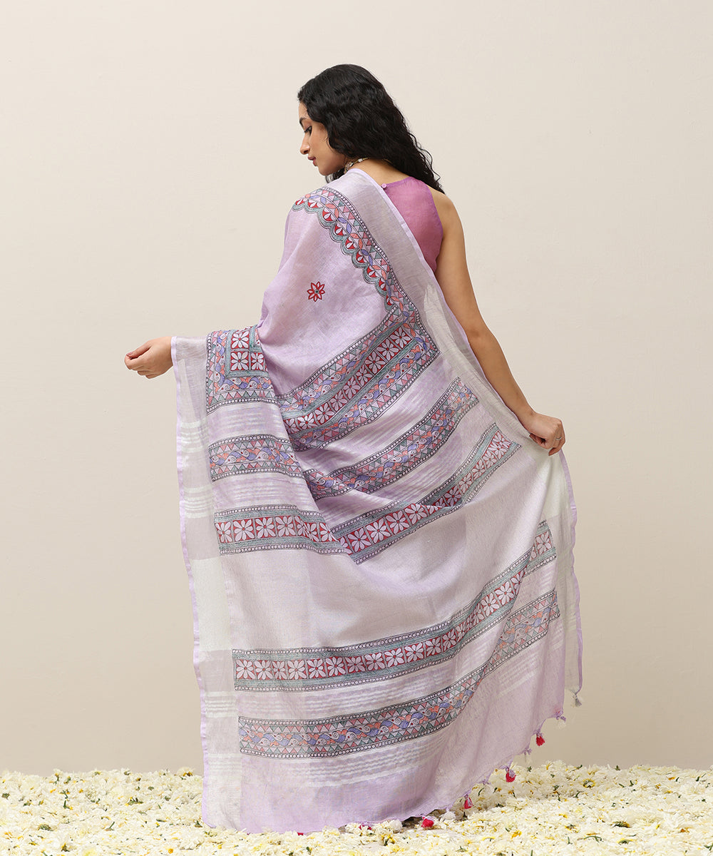 Handloom_Lavendar_Linen_Handpainted_Madhubani_Saree_With_Pink_Border_WeaverStory_03