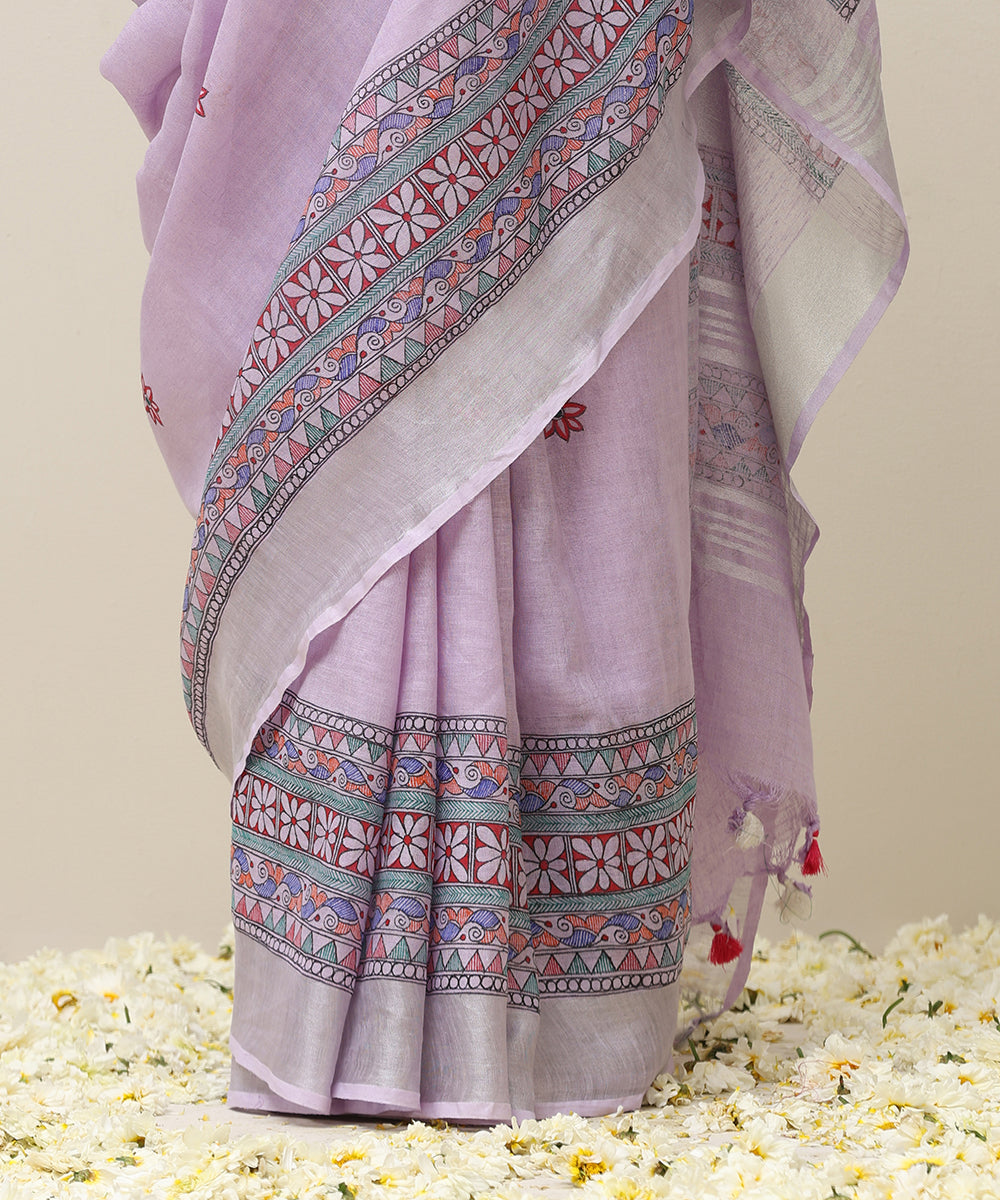 Handloom_Lavendar_Linen_Handpainted_Madhubani_Saree_With_Pink_Border_WeaverStory_04