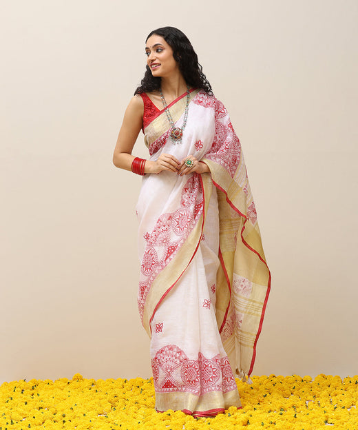 Handloom Offwhite Linen Saree With a Handpainted Madhubani Border in Red - Pre Order