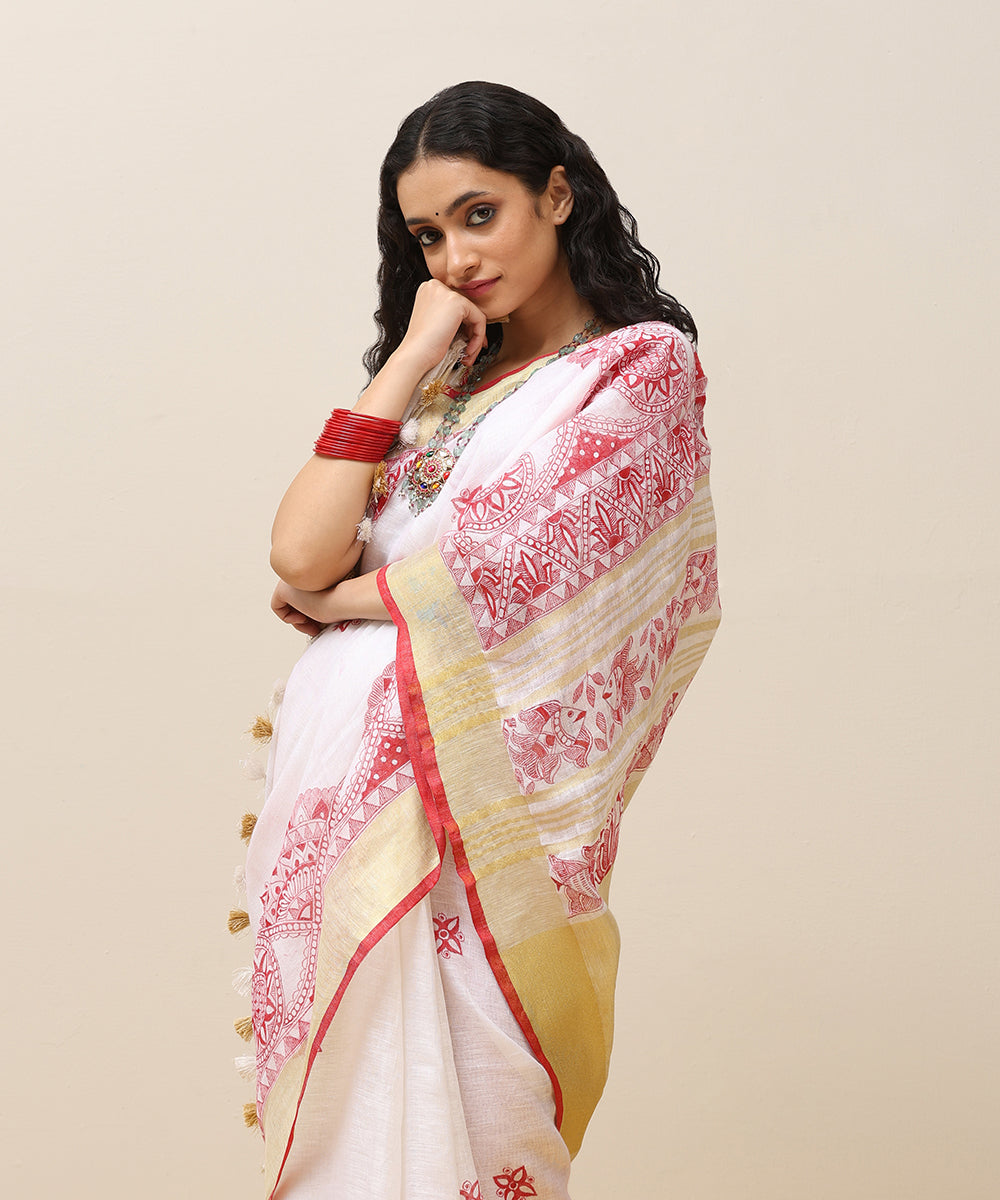 Handloom_Offwhite_Linen_Handpainted_Madhubani_Saree_With_Red_Border_WeaverStory_02