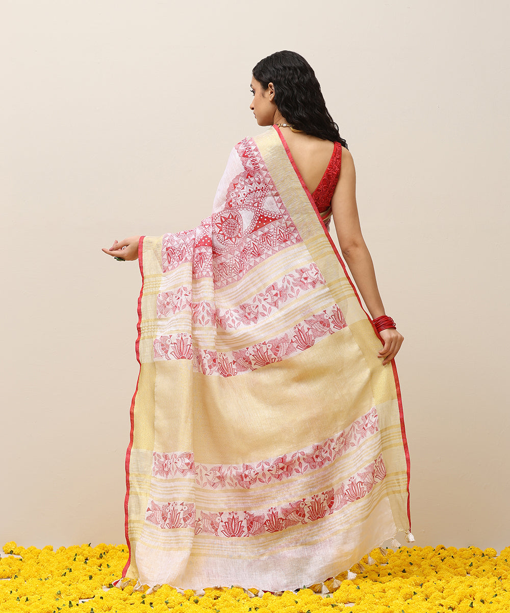 Handloom_Offwhite_Linen_Handpainted_Madhubani_Saree_With_Red_Border_WeaverStory_03