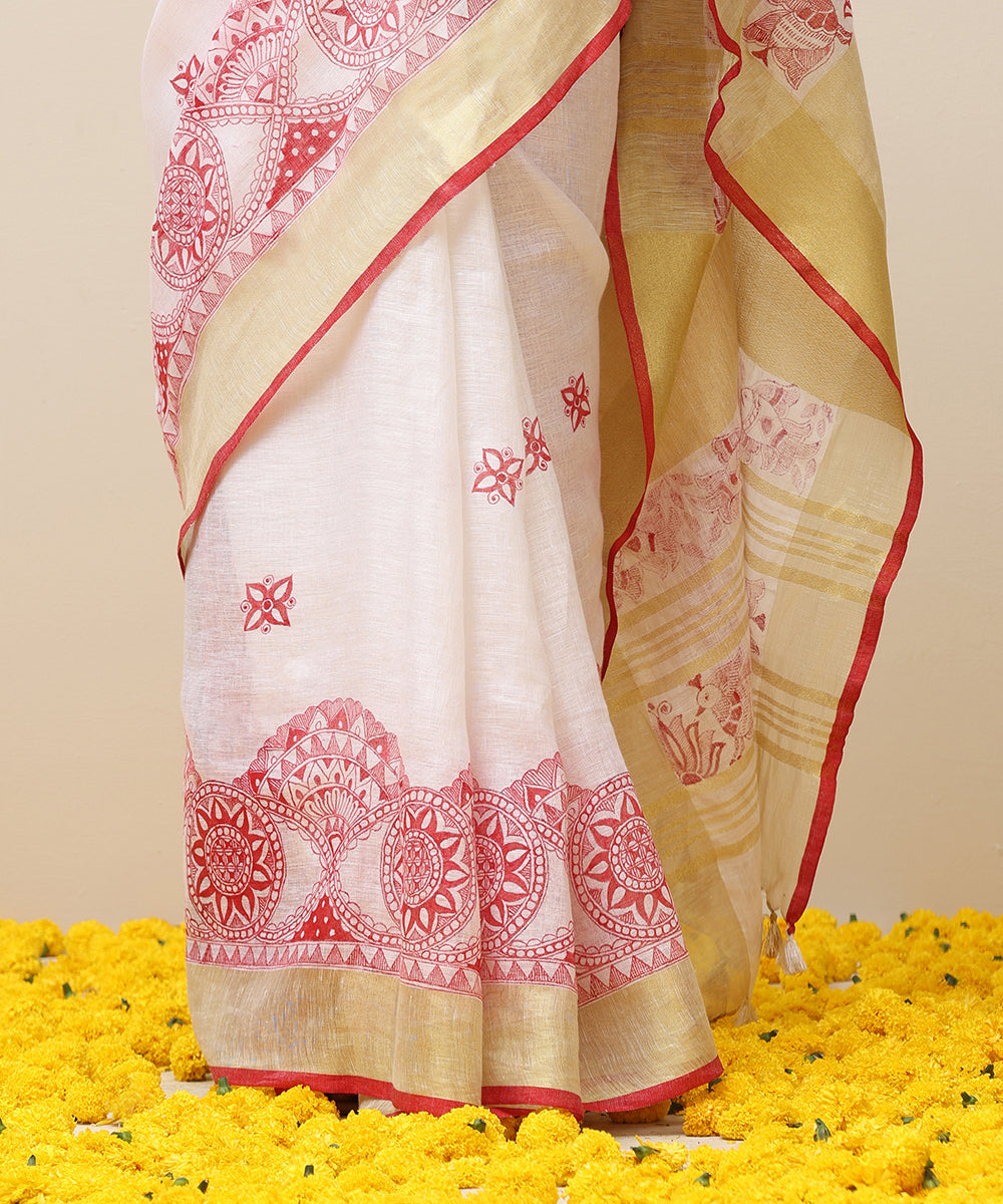 Handloom_Offwhite_Linen_Handpainted_Madhubani_Saree_With_Red_Border_WeaverStory_04