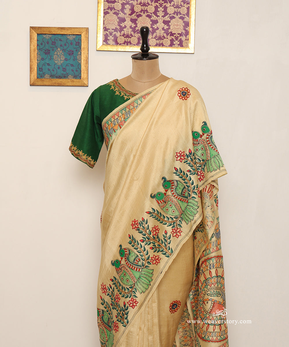 Lemon Yellow Handloom Chanderi Madhubani Parrot Saree – Pre Order