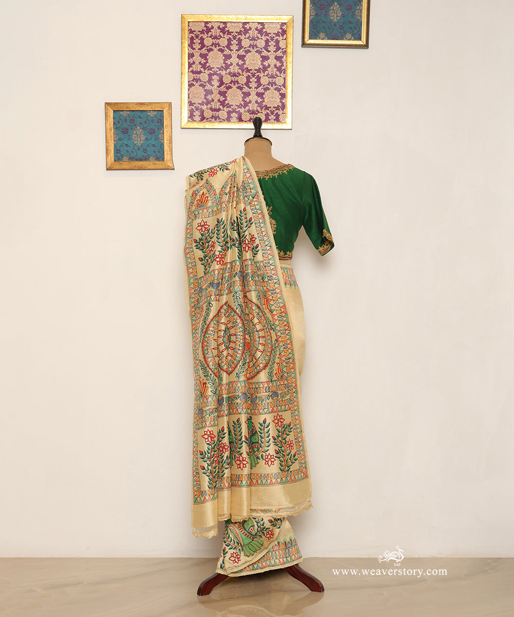 Shoulder drape showing finely painted green parrots and red floral accents on lemon yellow Chanderi