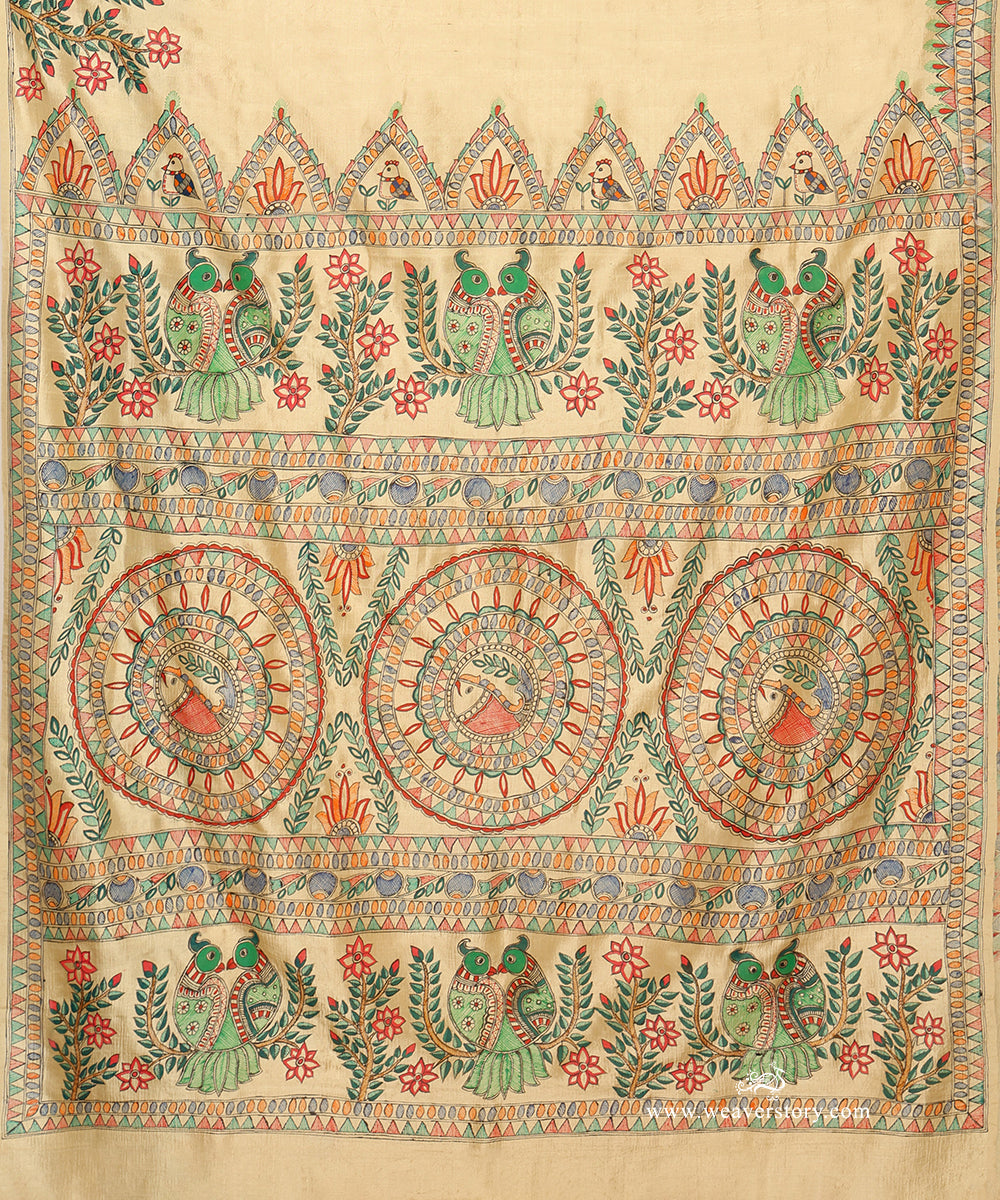 Madhubani pallu with rows of paired green parrots and three intricate circular bird panels.