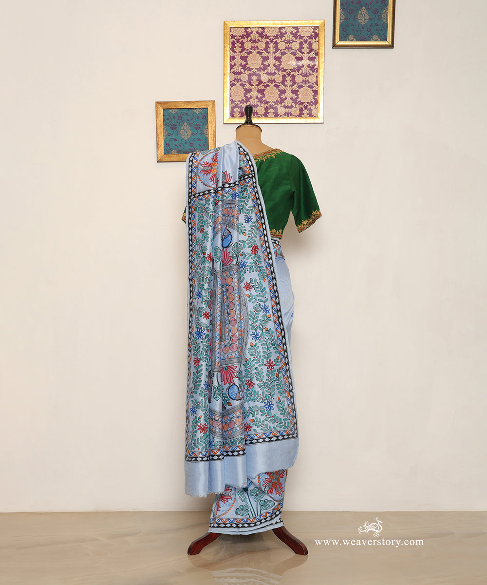 Sky Blue Handloom Chanderi Saree with Madhubani Birds and Lotus – Pre Order
