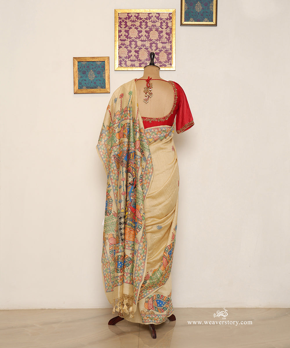 Beige Gold Handloom Chanderi Madhubani Vishnu–Lakshmi Saree – Pre Order