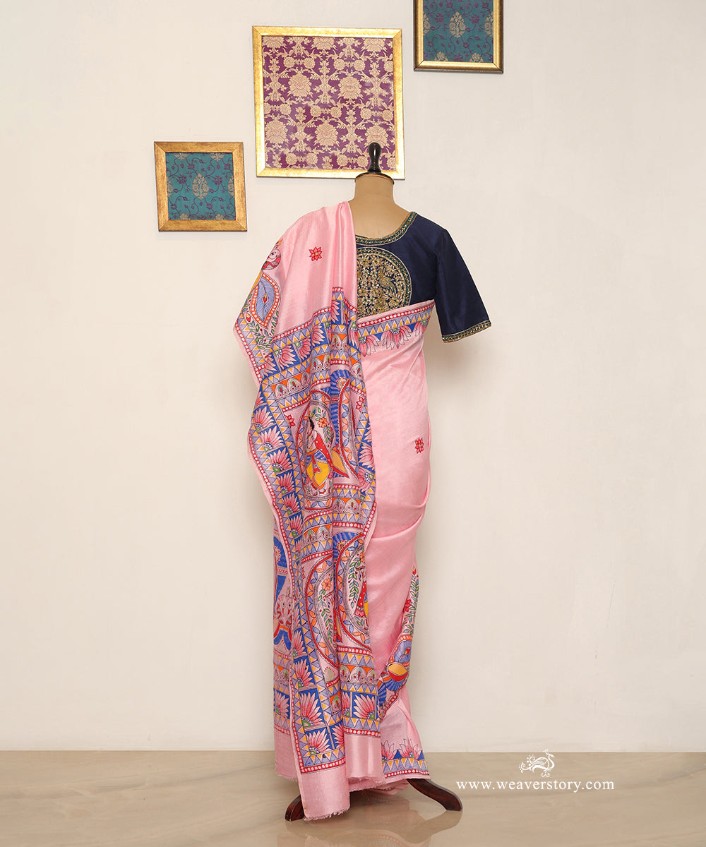 Light Pink Handloom Chanderi Madhubani Krishna Saree – Pre Order