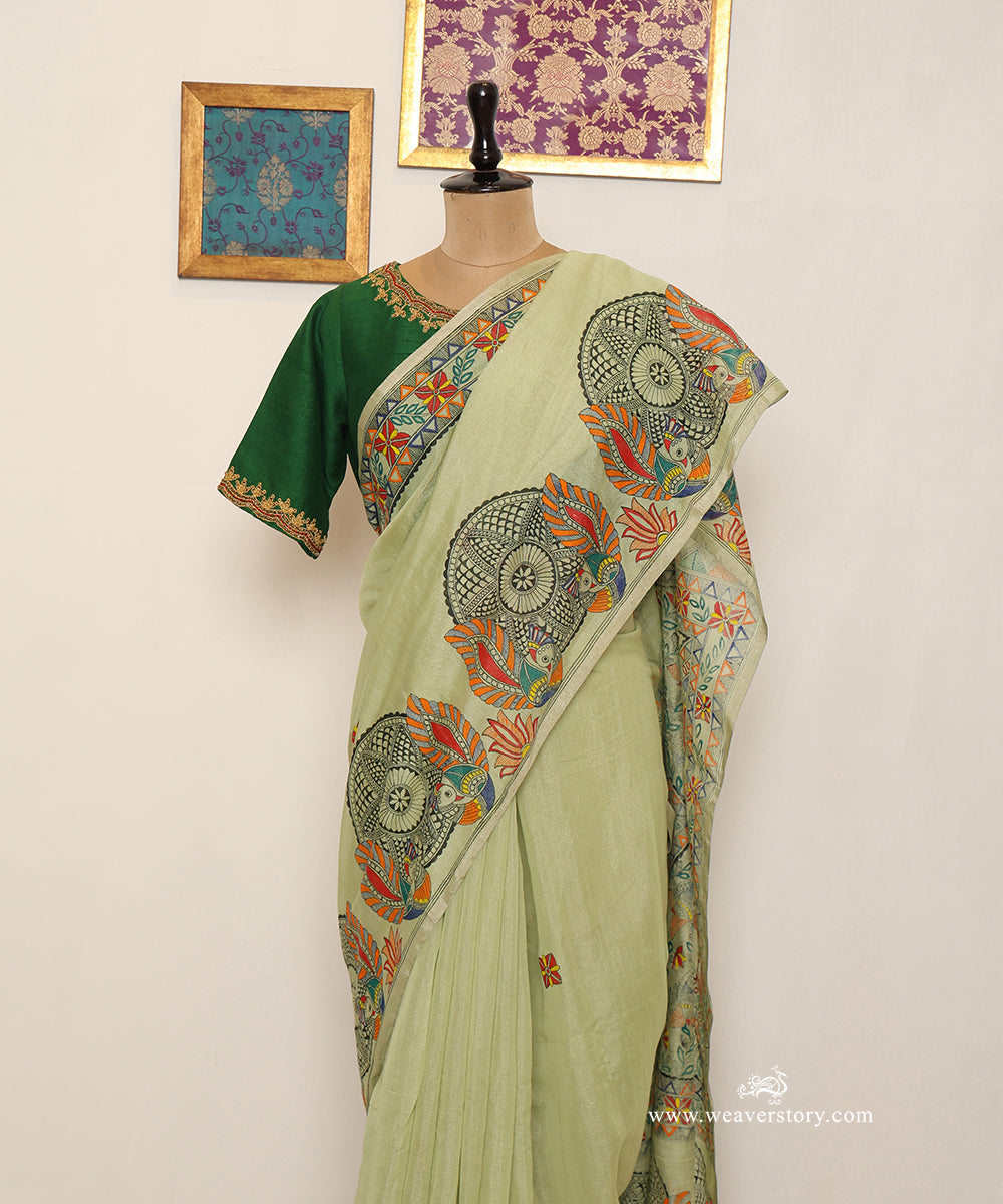 Pastel Green Handloom Chanderi Saree with Madhubani Bird Painting – Pre Order