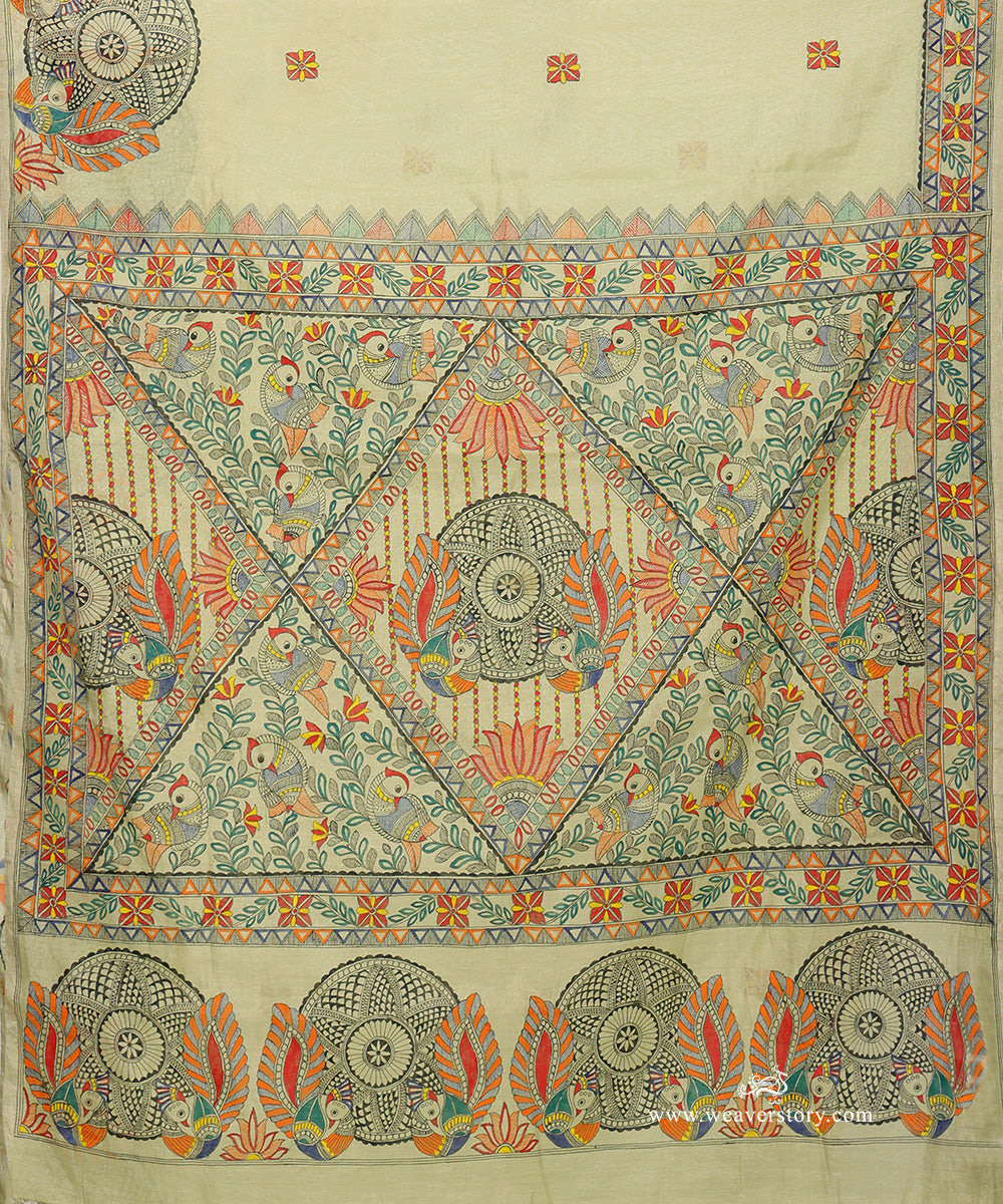 Close-up of Madhubani bird painting with fine dark lines, orange feathers, teal leaves and red-and-yellow flowers.