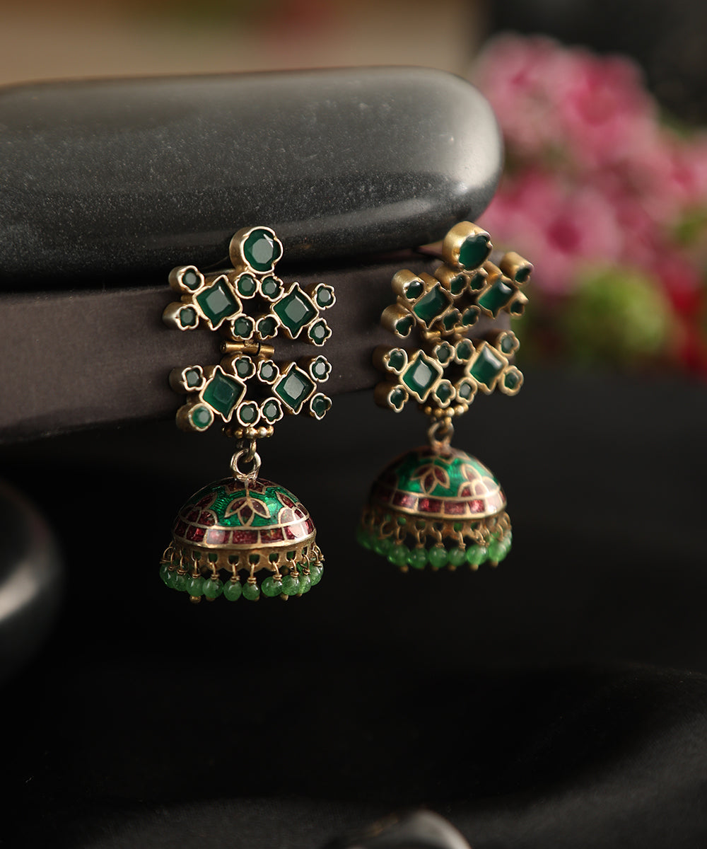 Shams_Handcrafted_Oxidised_Pure_Silver_Earrings_With_Green_Meenakari_WeaverStory_01