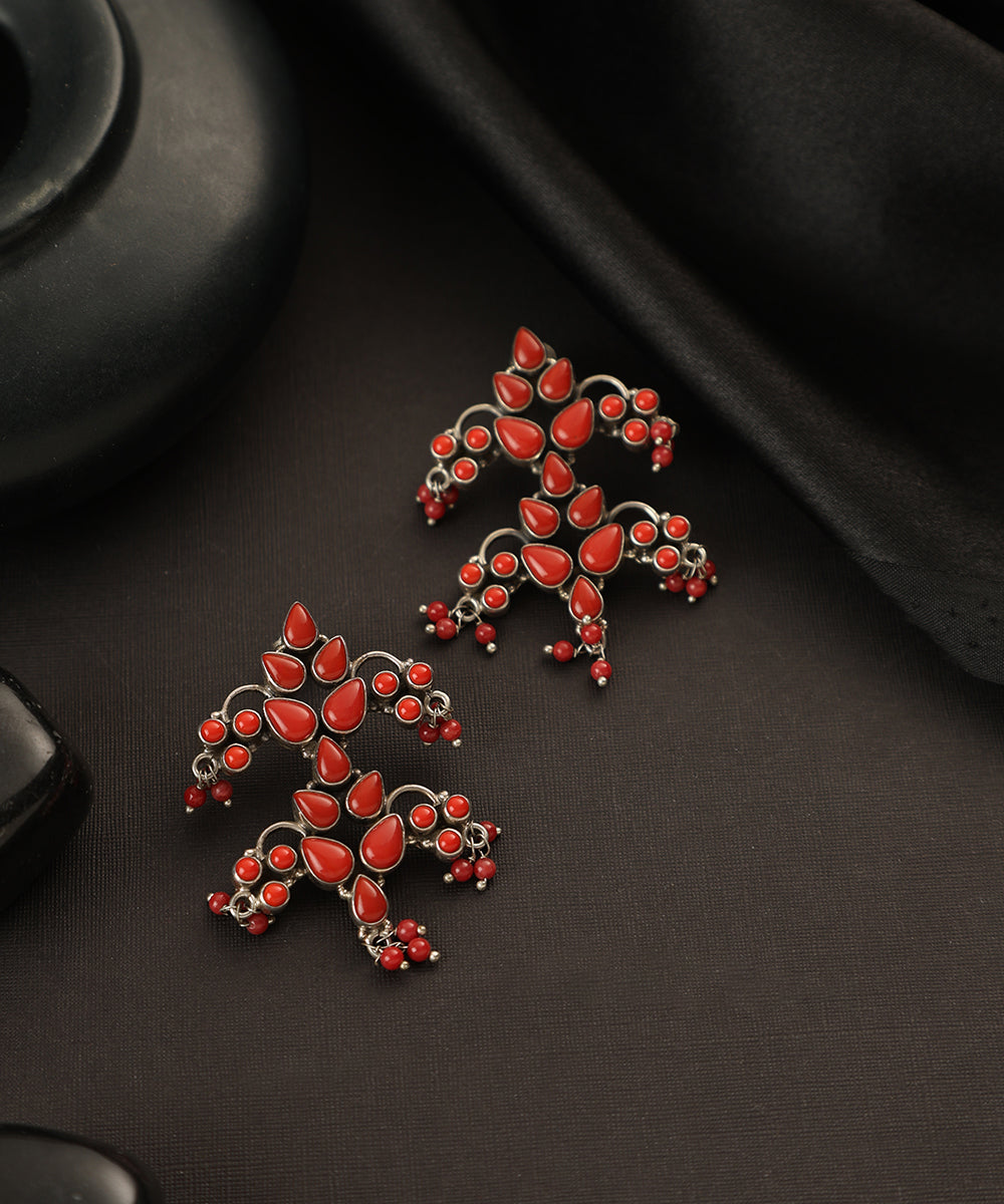 Rashida_Handcrafted_Oxidised_Pure_Silver_Coral_Earrings_WeaverStory_01