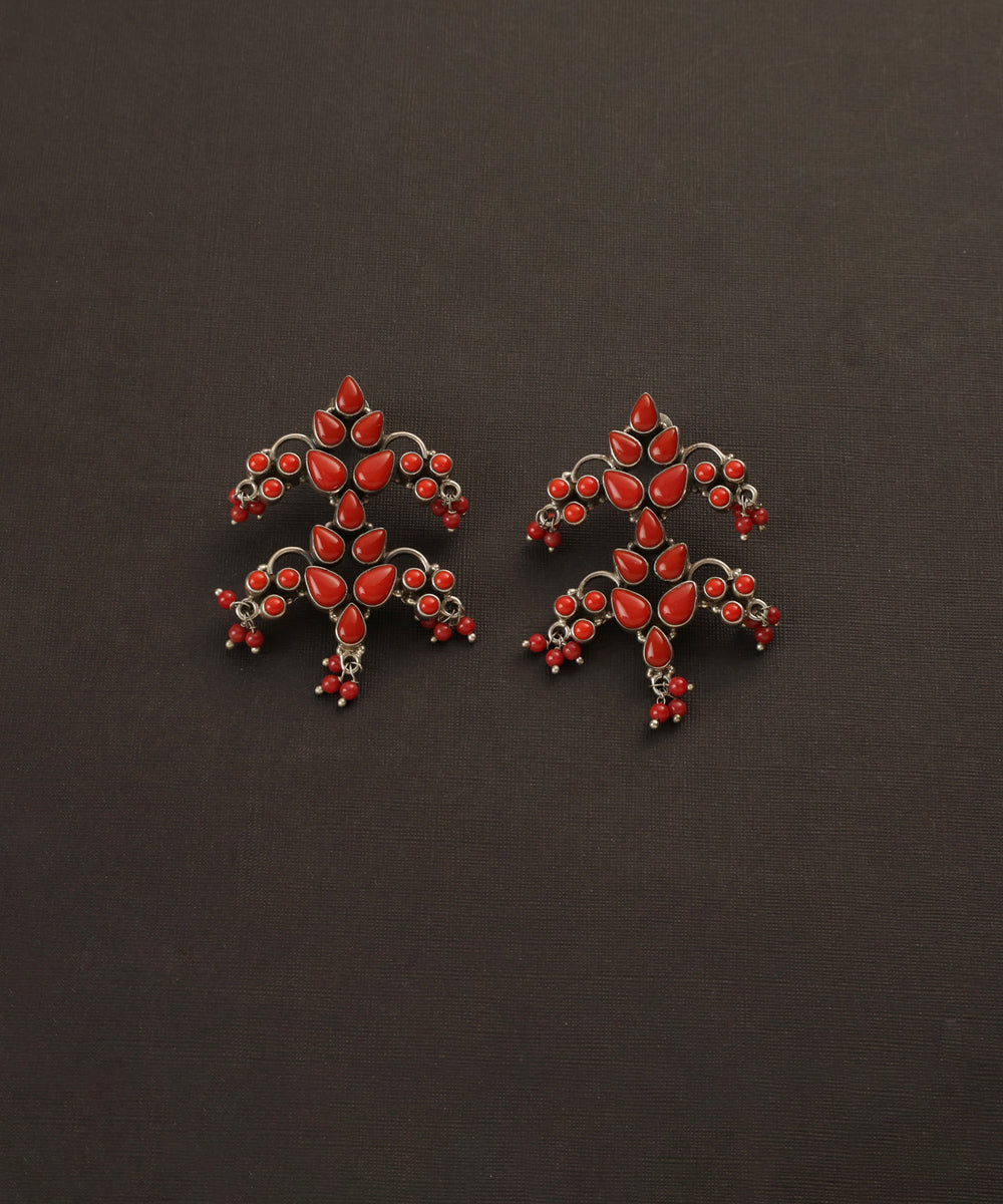 Rashida_Handcrafted_Oxidised_Pure_Silver_Coral_Earrings_WeaverStory_02