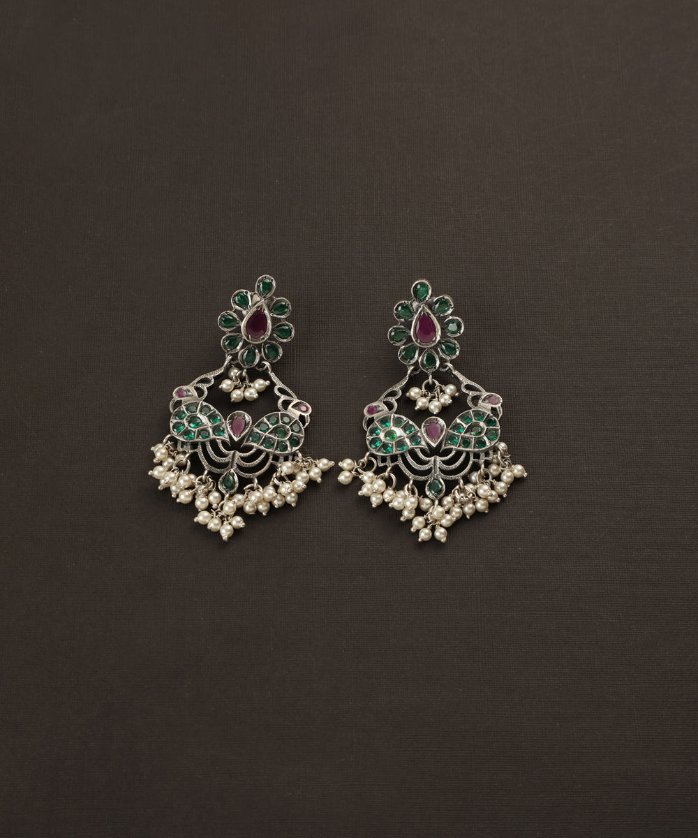 Sabira_Handcrafted_Oxidised_Pure_Silver_Earrings_With_Multicolor_Kempstones_WeaverStory_02