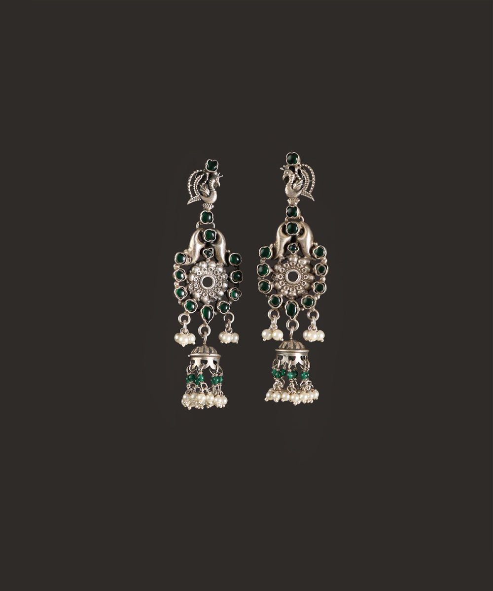 Memona_Handcrafted_Oxidised_Pure_Silver_Green_Earrings_With_Fresh_Water_Pearls_WeaverStory_02