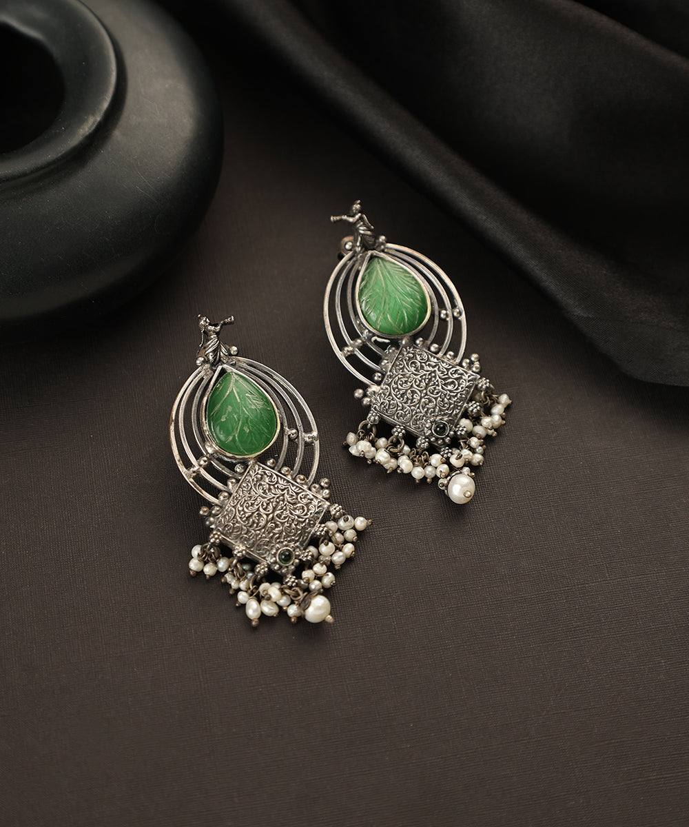 Raees_Handcrafted_Oxidised_Pure_Silver_Jade_Earrings_WeaverStory_01