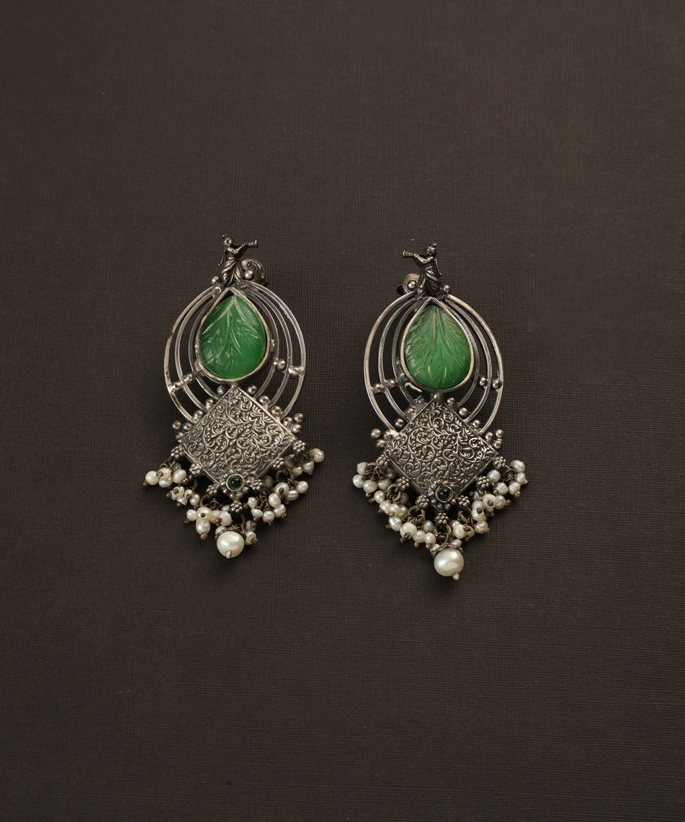 Raees_Handcrafted_Oxidised_Pure_Silver_Jade_Earrings_WeaverStory_02