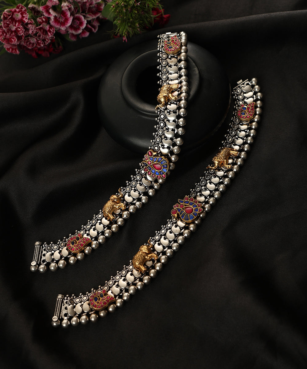 Kaysan_Handcrafted_Oxidised_Pure_Silver_Anklets_With_Elephant_And_Peacock_Motifs_WeaverStory_01