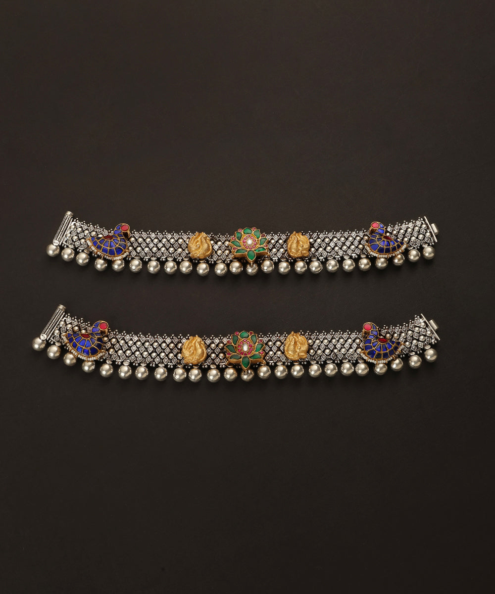 Yuhan_Handcrafted_Oxidised_Pure_Silver_Anklets_With_Bird_And_Lotus_Motifs_WeaverStory_02
