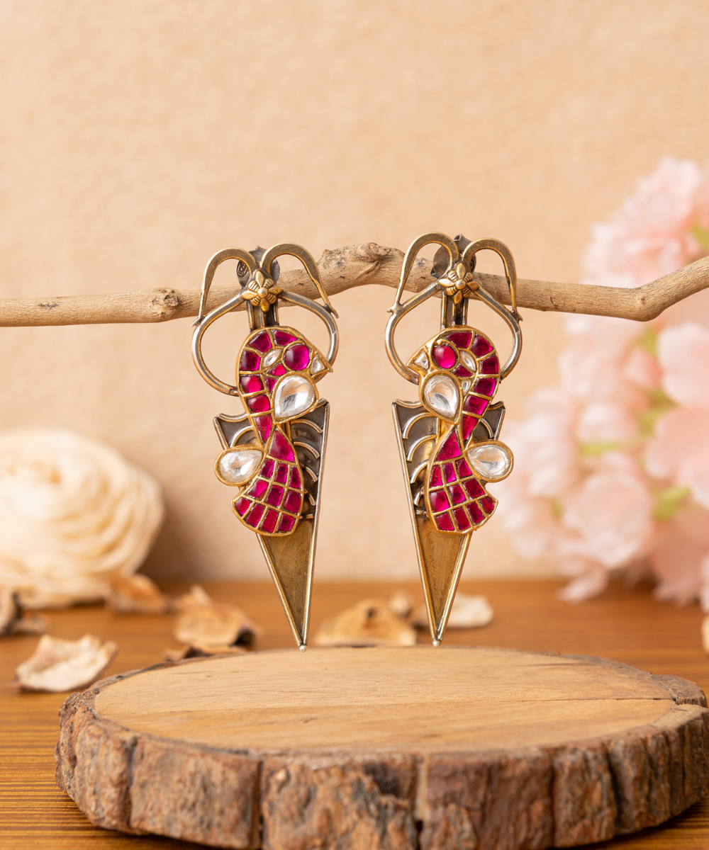 Bismah_Multicoloured_Handcrafted_Pure_Silver_Earrings_With_Stones_And_Polki_WeaverStory_01