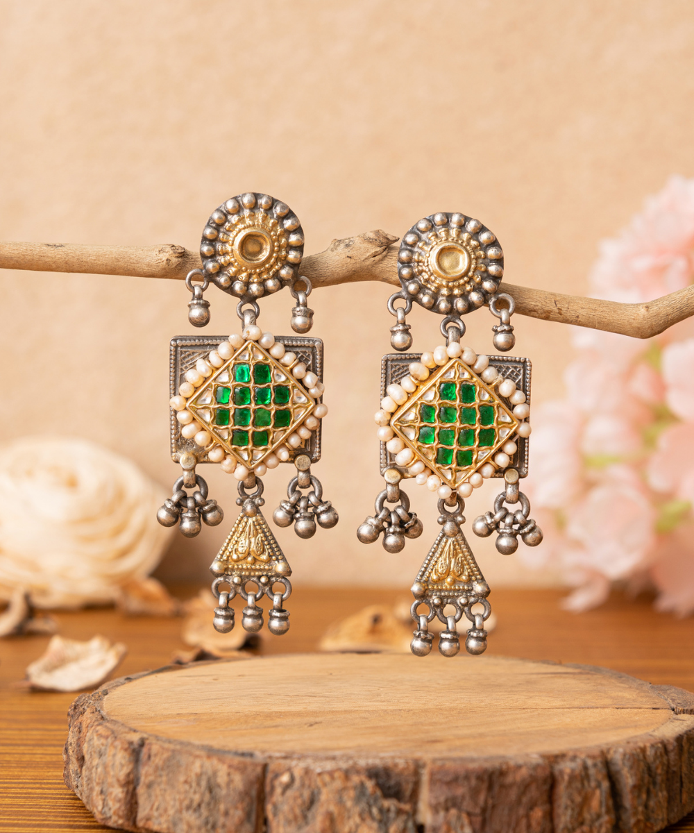 Azra_Handcrafted_Oxidised_Pure_Silver_Earrings_With_Stones_And_Polki_WeaverStory_01
