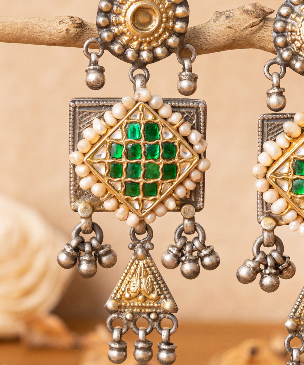 Azra_Handcrafted_Oxidised_Pure_Silver_Earrings_With_Stones_And_Polki_WeaverStory_02