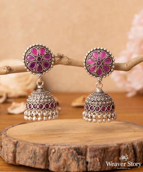 Farzana_Handcrafted_Oxidised_Pure_Silver_Jhumka_Earrings_With_Stones_WeaverStory_01