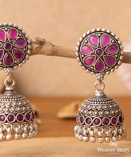 Farzana_Handcrafted_Oxidised_Pure_Silver_Jhumka_Earrings_With_Stones_WeaverStory_02