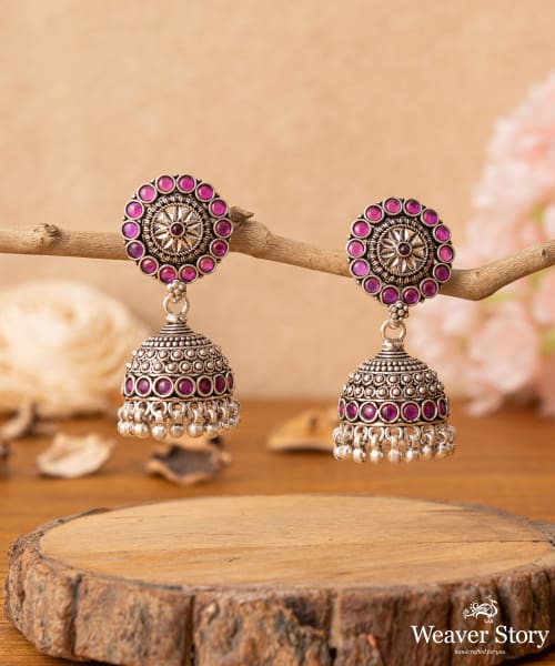 Gulbadan_Handcrafted_Oxidised_Pure_Silver_Jhumka_Earrings_With_Pink_Stones_WeaverStory_01