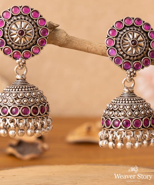 Gulbadan_Handcrafted_Oxidised_Pure_Silver_Jhumka_Earrings_With_Pink_Stones_WeaverStory_02