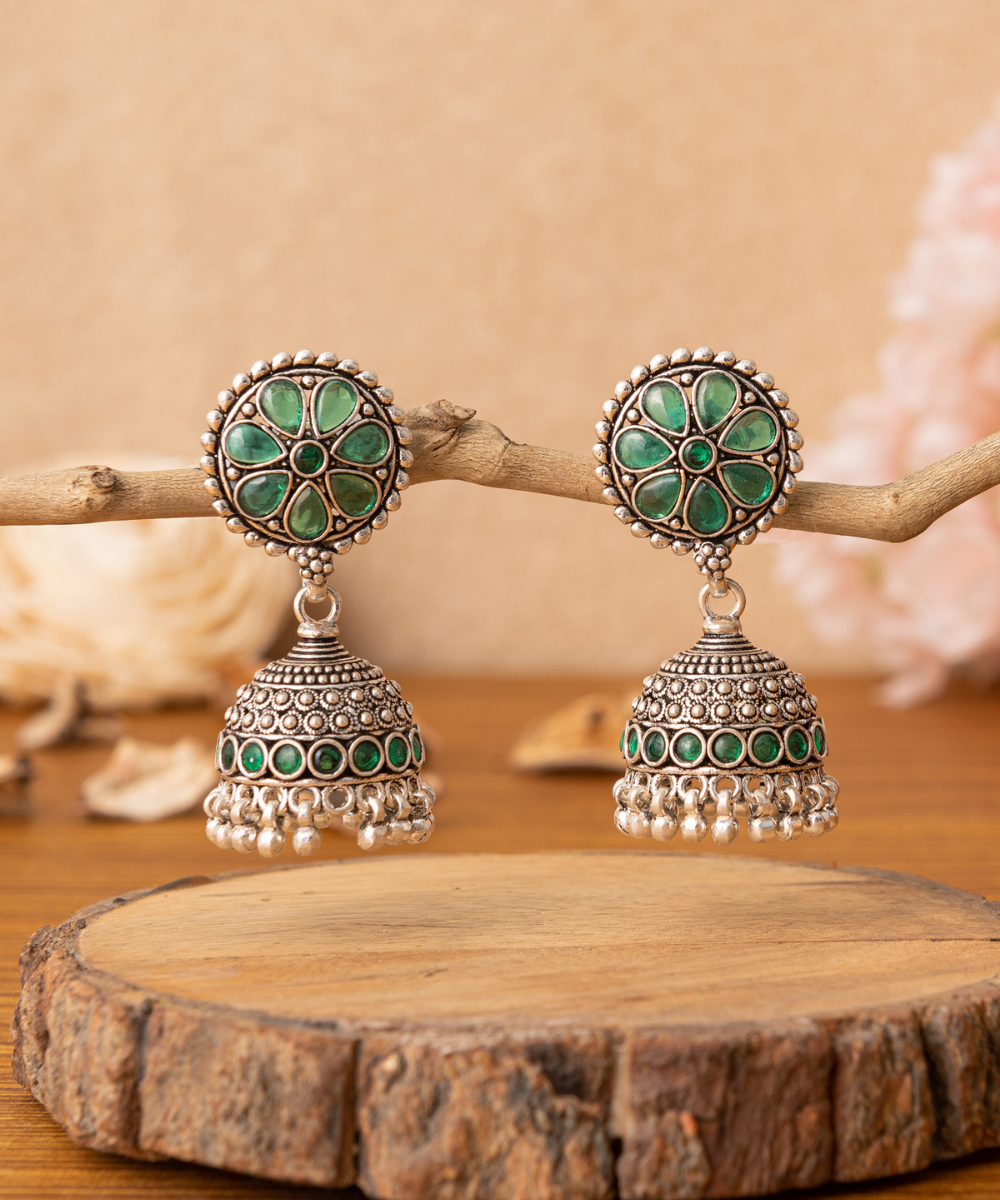 Jannat_Handcrafted_Oxidised_Pure_Silver_Jhumka_Earrings_With_Green_Stones_WeaverStory_01