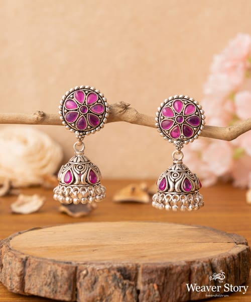 Mumtaz_Handcrafted_Oxidised_Pure_Silver_Jhumka_Earrings_With_Pink_Stones_WeaverStory_01