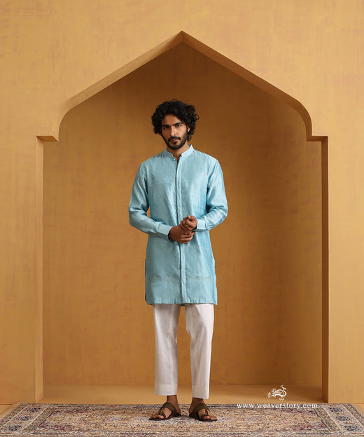 Blue Hand Embroidered Chiniya Silk Kurta With Cotton Pants