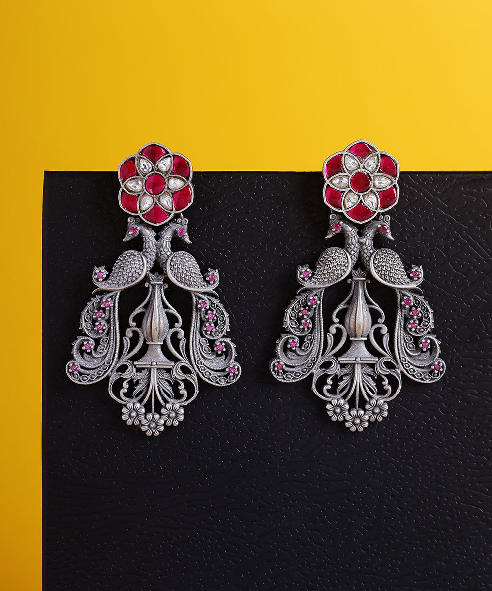 Rabia_Handcrafted_Oxidised_Pure_Silver_Earrings_With_Kempstones_And_Peacock_Motif_WeaverStory_01