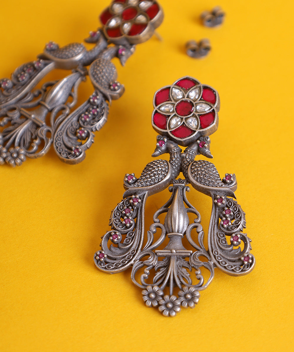 Rabia_Handcrafted_Oxidised_Pure_Silver_Earrings_With_Kempstones_And_Peacock_Motif_WeaverStory_02