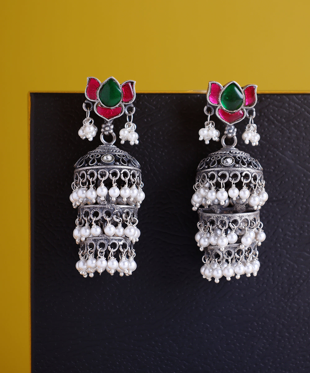 Sabah_Handcrafted_Oxidised_Pure_Silver_Earrings_With_Pearls_And_Kempstones_In_Lotus_Motifs_WeaverStory_01