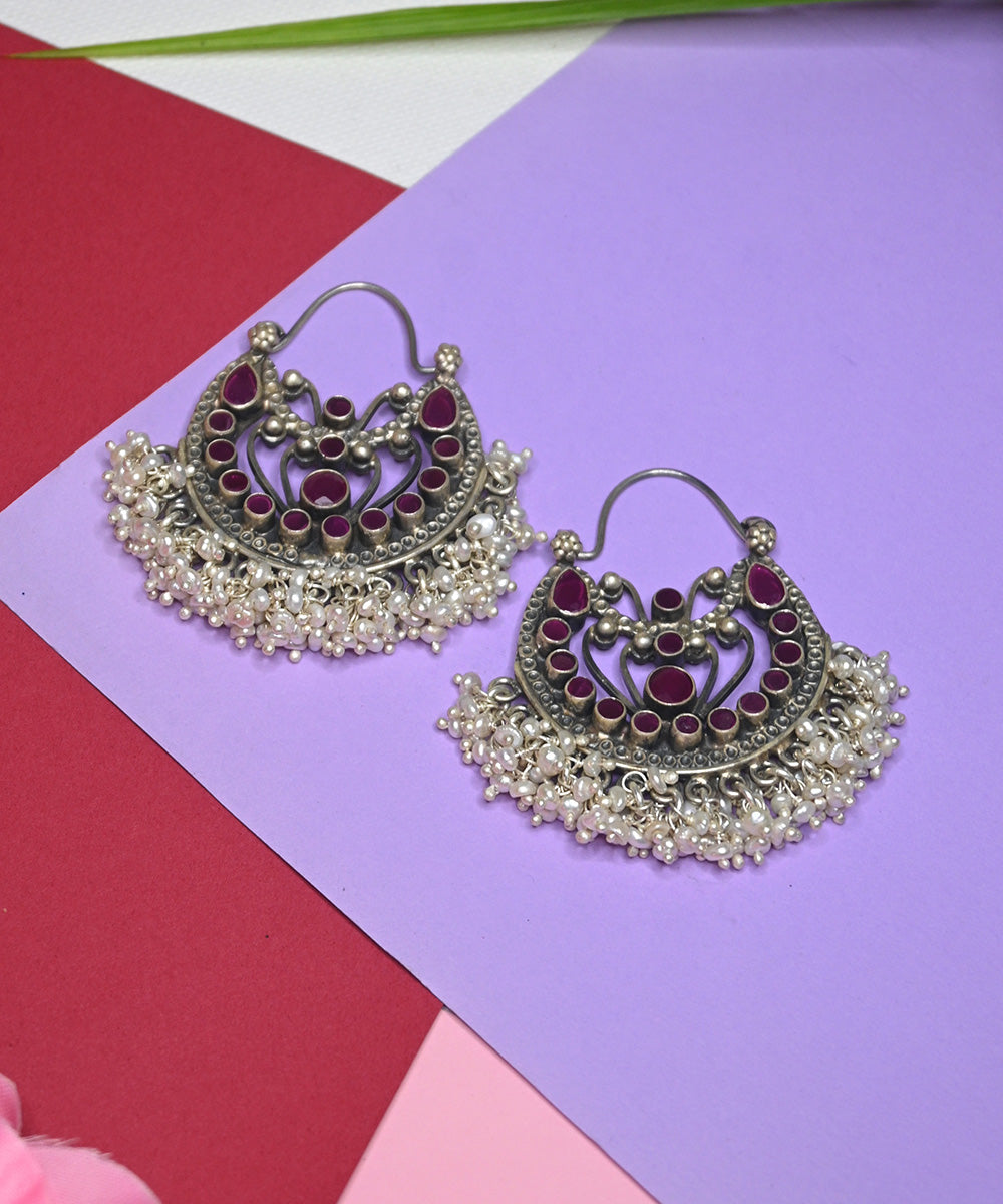 Mehek Handcrafted Oxidised Pure Silver Earrings With Ruby And Pearls Jewellery