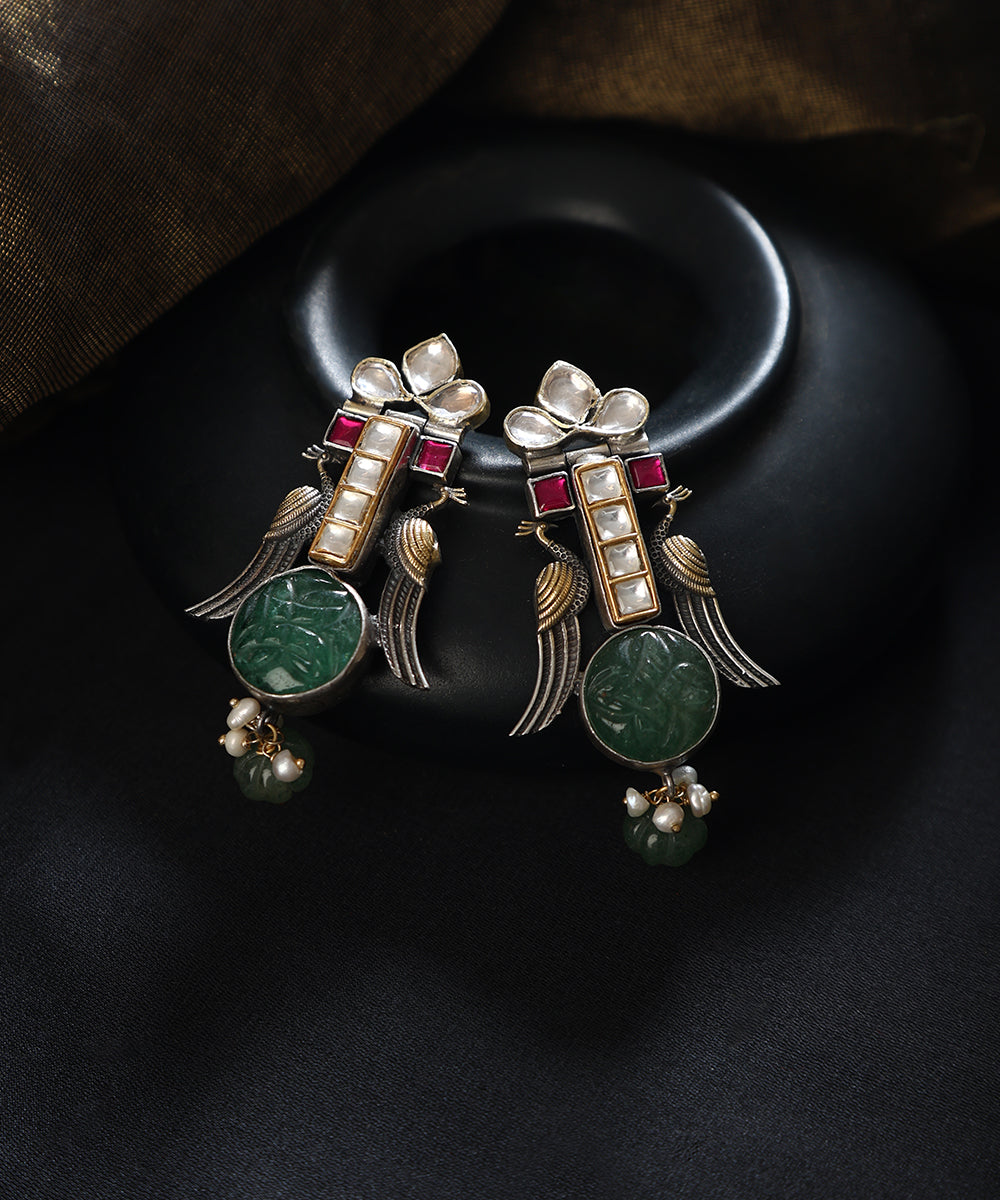 Renee_Handcrafted_Oxidised_Pure_Silver_Kundan_Earrings_With_Peacock_Motifs_WeaverStory_01